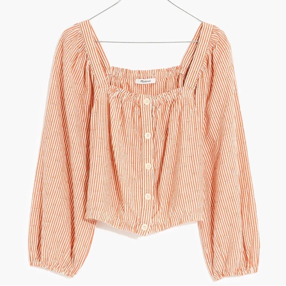 Madewell Puff-Sleeve Button-Front Crop Top in Embroidered Stripe XS - Picture 3 of 8